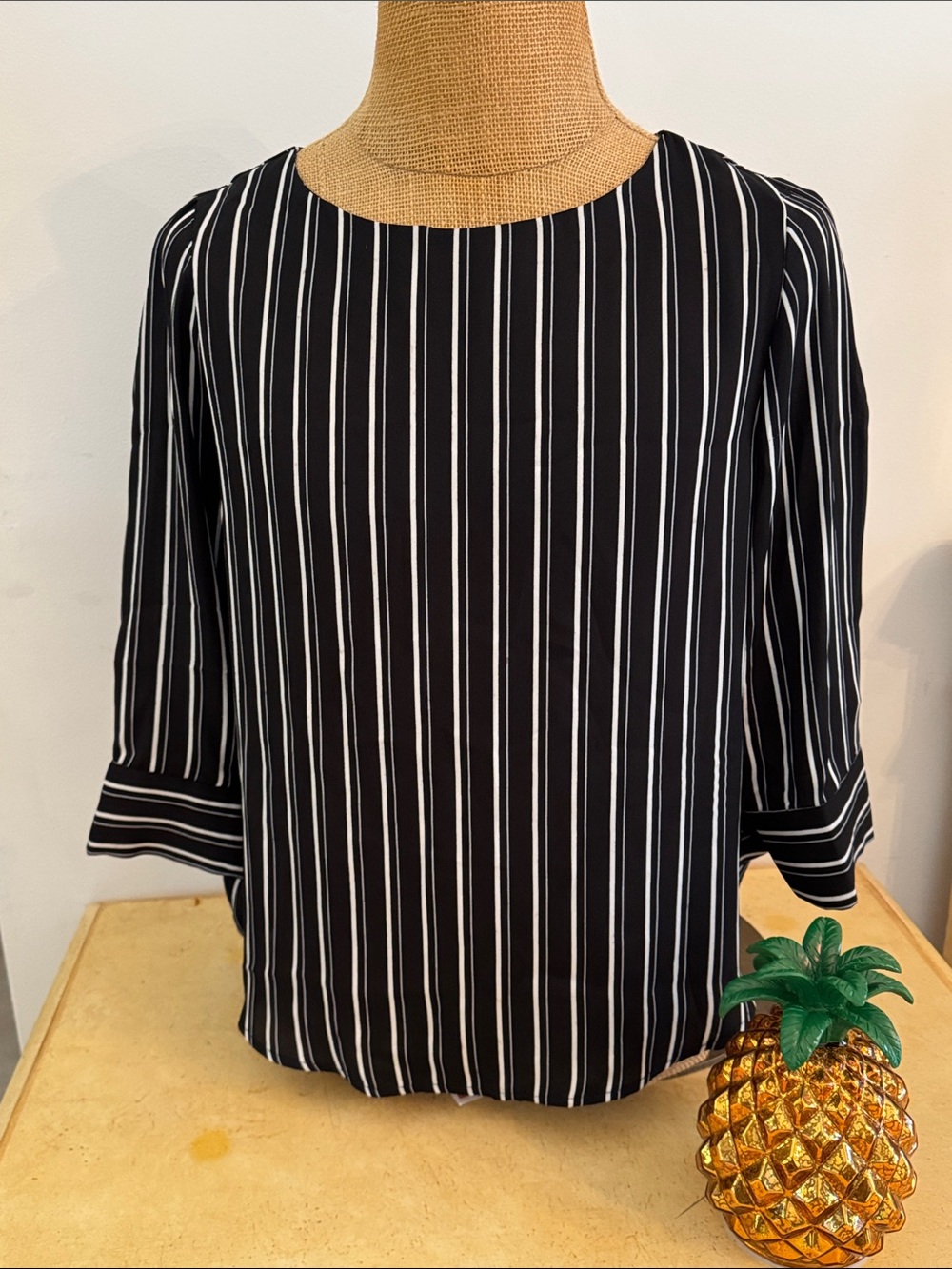 Tahari Black Blouse with White Pinstripes
